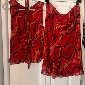 Silk Red Geometric Patterned Skirt Set